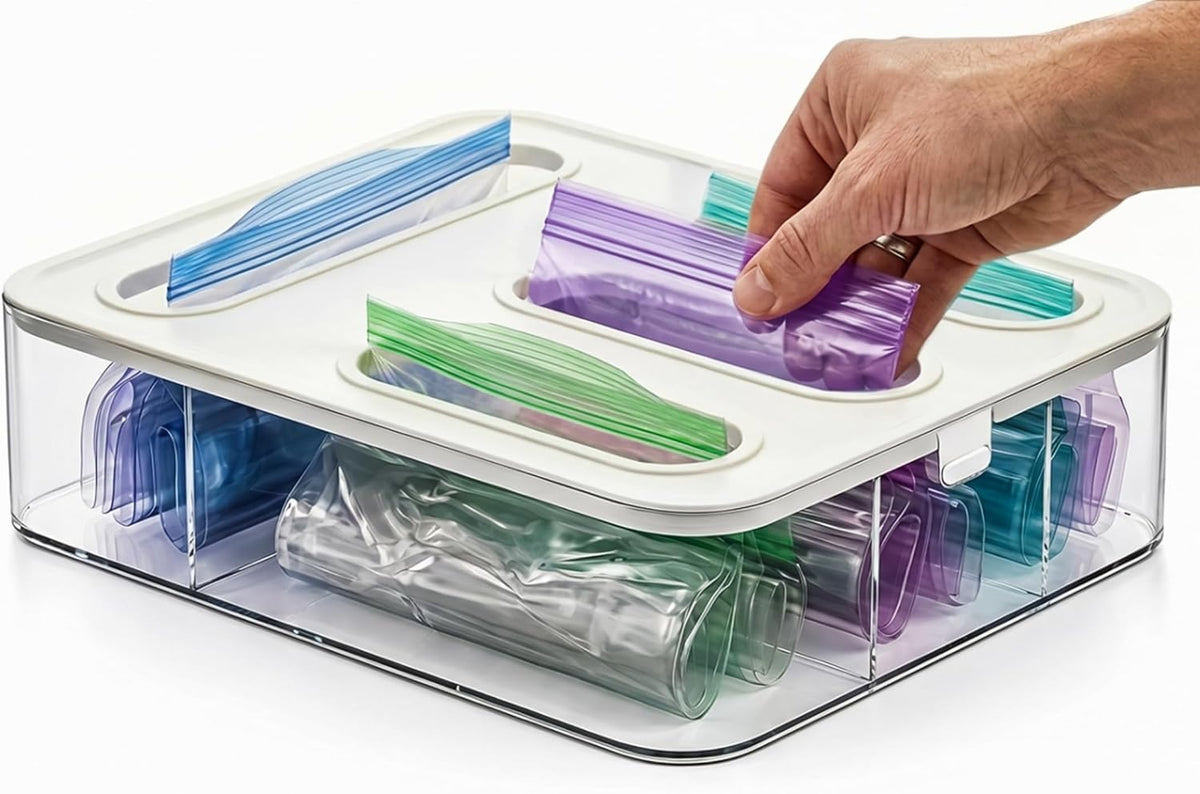 HIMUS Food Storage Bag Organizer - 4 in 1 Plastic Baggie Organizer for Drawer | Compatible with Sandwich, Snack, Gallon, Quart & Slider | Plastic Bag Organizers Kitchen Storage| Wall & Drawer Mount