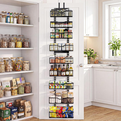Over the Door Pantry Organizer, 9-Tier Heavy Duty Door Storage Rack with Solid Bottom Baskets, Stable No-Bumping Design, Adjustable Hanging Shelves for Kitchen Pantry