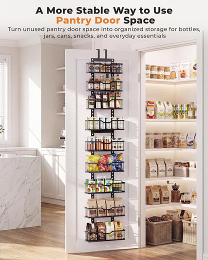 Over the Door Pantry Organizer, 9-Tier Heavy Duty Door Storage Rack with Solid Bottom Baskets, Stable No-Bumping Design, Adjustable Hanging Shelves for Kitchen Pantry