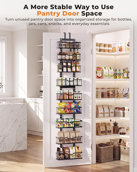 Over the Door Pantry Organizer, 9-Tier Heavy Duty Door Storage Rack with Solid Bottom Baskets, Stable No-Bumping Design, Adjustable Hanging Shelves for Kitchen Pantry