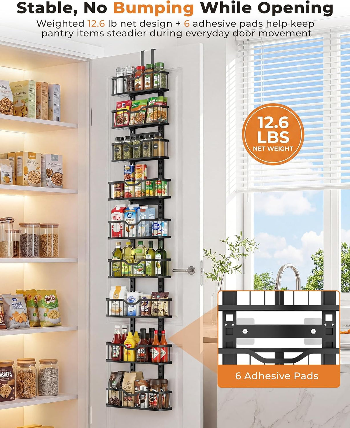 Over the Door Pantry Organizer, 9-Tier Heavy Duty Door Storage Rack with Solid Bottom Baskets, Stable No-Bumping Design, Adjustable Hanging Shelves for Kitchen Pantry