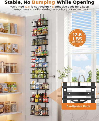 Over the Door Pantry Organizer, 9-Tier Heavy Duty Door Storage Rack with Solid Bottom Baskets, Stable No-Bumping Design, Adjustable Hanging Shelves for Kitchen Pantry
