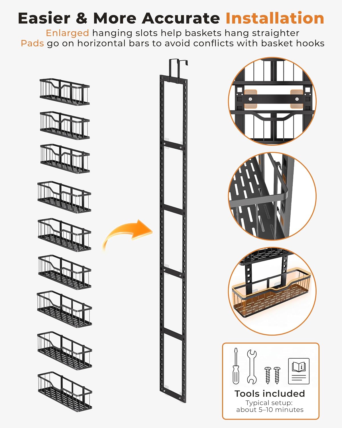 Over the Door Pantry Organizer, 9-Tier Heavy Duty Door Storage Rack with Solid Bottom Baskets, Stable No-Bumping Design, Adjustable Hanging Shelves for Kitchen Pantry