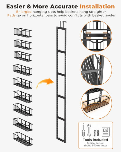 Over the Door Pantry Organizer, 9-Tier Heavy Duty Door Storage Rack with Solid Bottom Baskets, Stable No-Bumping Design, Adjustable Hanging Shelves for Kitchen Pantry