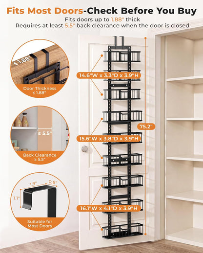 Over the Door Pantry Organizer, 9-Tier Heavy Duty Door Storage Rack with Solid Bottom Baskets, Stable No-Bumping Design, Adjustable Hanging Shelves for Kitchen Pantry