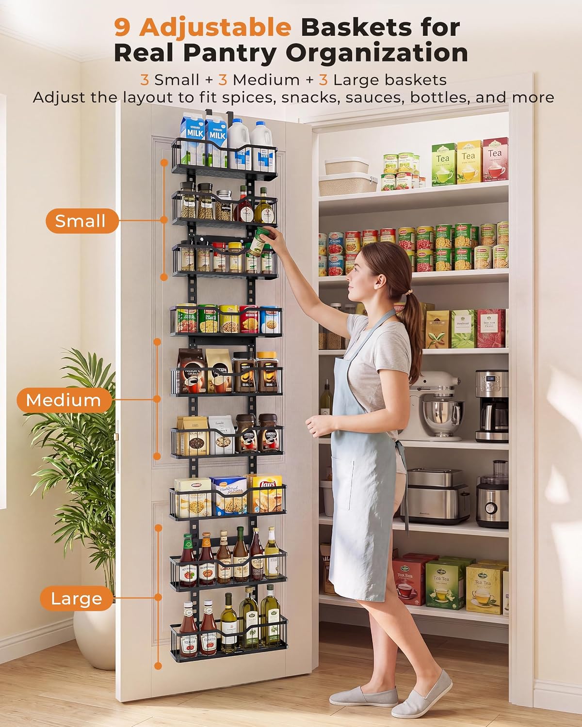 Over the Door Pantry Organizer, 9-Tier Heavy Duty Door Storage Rack with Solid Bottom Baskets, Stable No-Bumping Design, Adjustable Hanging Shelves for Kitchen Pantry
