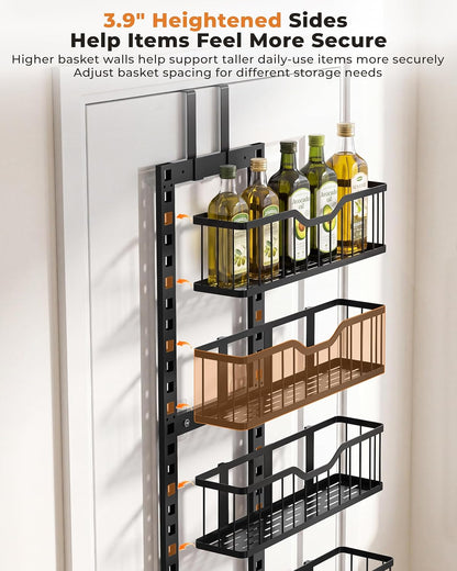 Over the Door Pantry Organizer, 9-Tier Heavy Duty Door Storage Rack with Solid Bottom Baskets, Stable No-Bumping Design, Adjustable Hanging Shelves for Kitchen Pantry