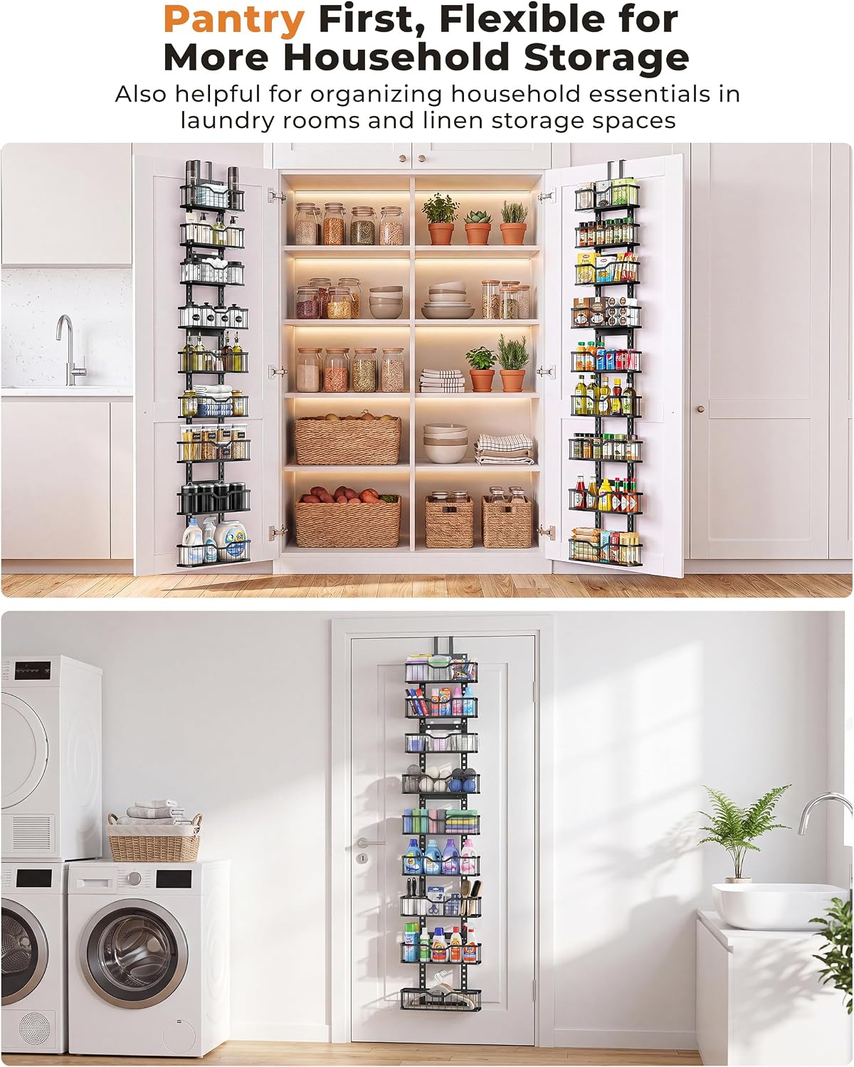 Over the Door Pantry Organizer, 9-Tier Heavy Duty Door Storage Rack with Solid Bottom Baskets, Stable No-Bumping Design, Adjustable Hanging Shelves for Kitchen Pantry