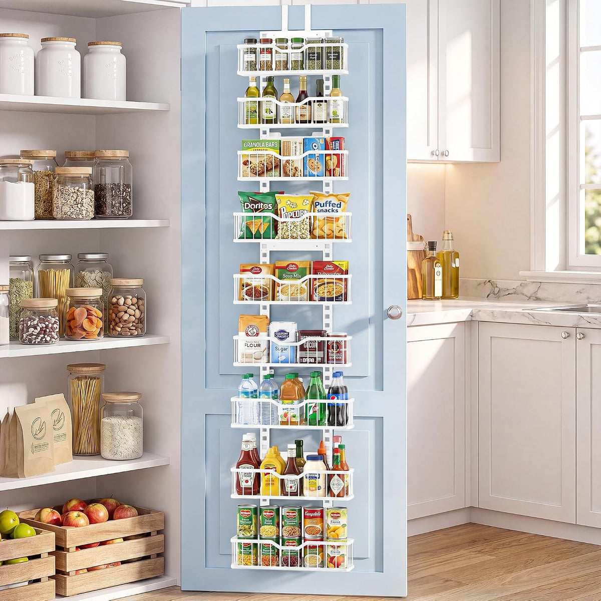Over the Door Pantry Organizer, 9-Tier Heavy Duty Door Storage Rack with Solid Bottom Baskets, Stable No-Bumping Design, Adjustable Hanging Shelves for Kitchen Pantry