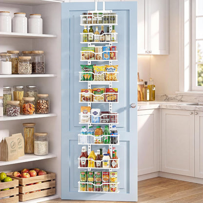 Over the Door Pantry Organizer, 9-Tier Heavy Duty Door Storage Rack with Solid Bottom Baskets, Stable No-Bumping Design, Adjustable Hanging Shelves for Kitchen Pantry