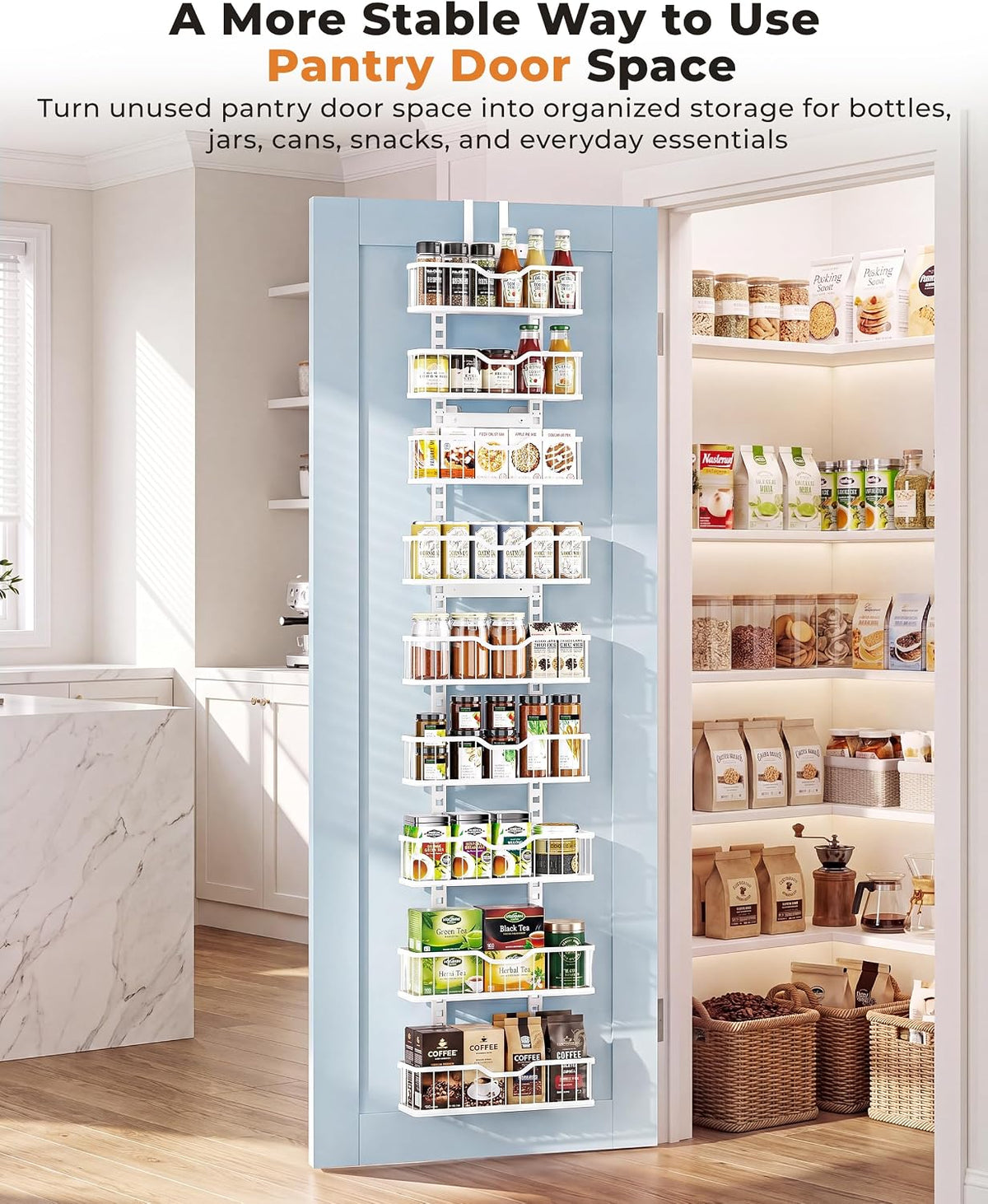 Over the Door Pantry Organizer, 9-Tier Heavy Duty Door Storage Rack with Solid Bottom Baskets, Stable No-Bumping Design, Adjustable Hanging Shelves for Kitchen Pantry