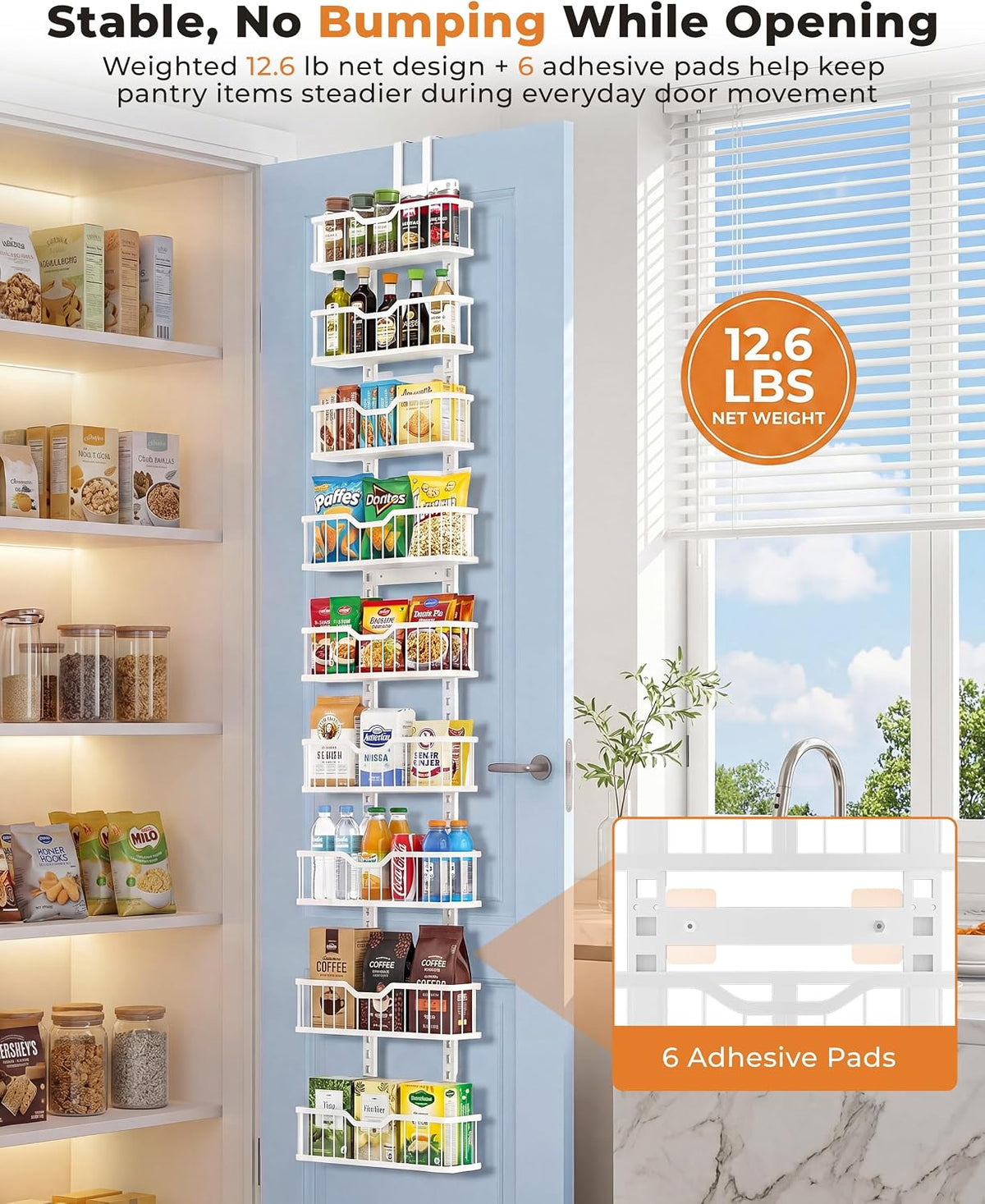 Over the Door Pantry Organizer, 9-Tier Heavy Duty Door Storage Rack with Solid Bottom Baskets, Stable No-Bumping Design, Adjustable Hanging Shelves for Kitchen Pantry