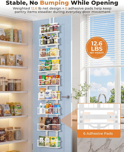 Over the Door Pantry Organizer, 9-Tier Heavy Duty Door Storage Rack with Solid Bottom Baskets, Stable No-Bumping Design, Adjustable Hanging Shelves for Kitchen Pantry