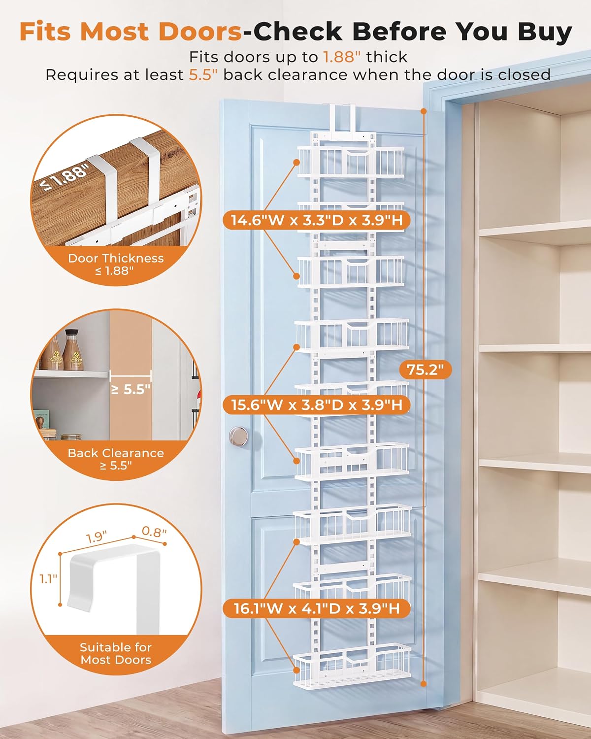 Over the Door Pantry Organizer, 9-Tier Heavy Duty Door Storage Rack with Solid Bottom Baskets, Stable No-Bumping Design, Adjustable Hanging Shelves for Kitchen Pantry