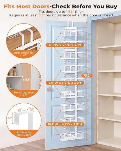 Over the Door Pantry Organizer, 9-Tier Heavy Duty Door Storage Rack with Solid Bottom Baskets, Stable No-Bumping Design, Adjustable Hanging Shelves for Kitchen Pantry