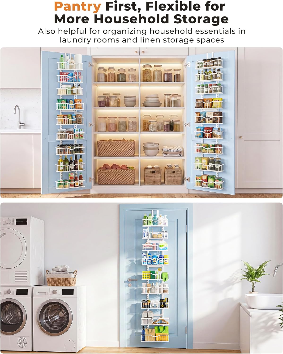 Over the Door Pantry Organizer, 9-Tier Heavy Duty Door Storage Rack with Solid Bottom Baskets, Stable No-Bumping Design, Adjustable Hanging Shelves for Kitchen Pantry