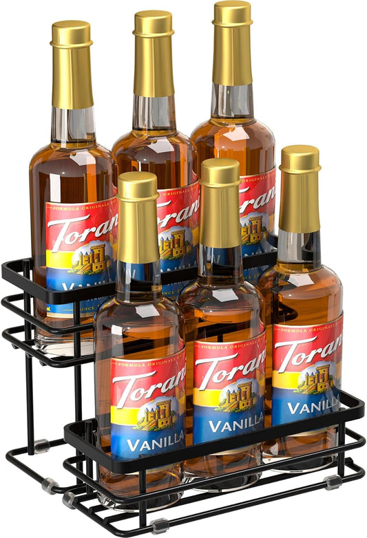 8 Bottle Coffee Syrup Organizer Rack, 2 Tier Coffee Syrup Stand Holder for Coffee Bar, Coffee Syrup Organizer for Countertop, Small Wine Rack for Family, Storage for Syrup, Dressing, Black