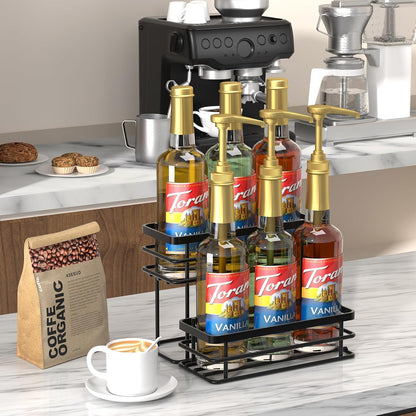 8 Bottle Coffee Syrup Organizer Rack, 2 Tier Coffee Syrup Stand Holder for Coffee Bar, Coffee Syrup Organizer for Countertop, Small Wine Rack for Family, Storage for Syrup, Dressing, Black