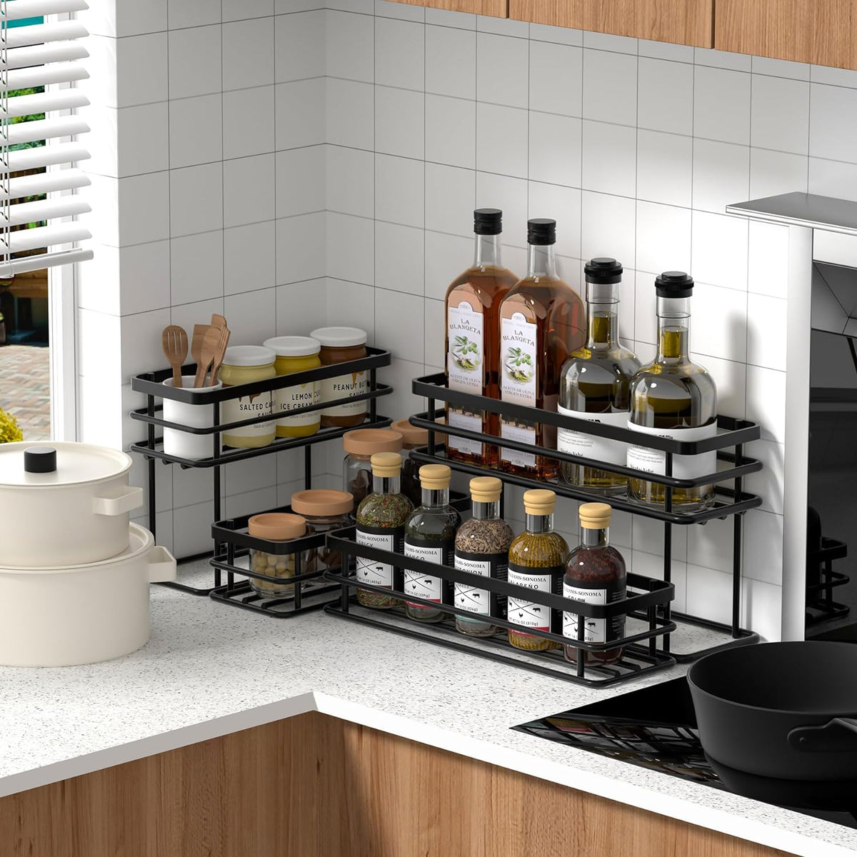 8 Bottle Coffee Syrup Organizer Rack, 2 Tier Coffee Syrup Stand Holder for Coffee Bar, Coffee Syrup Organizer for Countertop, Small Wine Rack for Family, Storage for Syrup, Dressing, Black