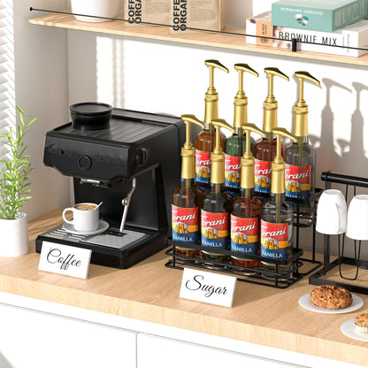 8 Bottle Coffee Syrup Organizer Rack, 2 Tier Coffee Syrup Stand Holder for Coffee Bar, Coffee Syrup Organizer for Countertop, Small Wine Rack for Family, Storage for Syrup, Dressing, Black