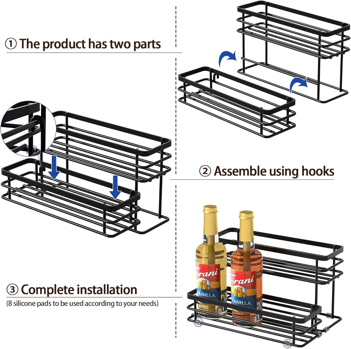 8 Bottle Coffee Syrup Organizer Rack, 2 Tier Coffee Syrup Stand Holder for Coffee Bar, Coffee Syrup Organizer for Countertop, Small Wine Rack for Family, Storage for Syrup, Dressing, Black