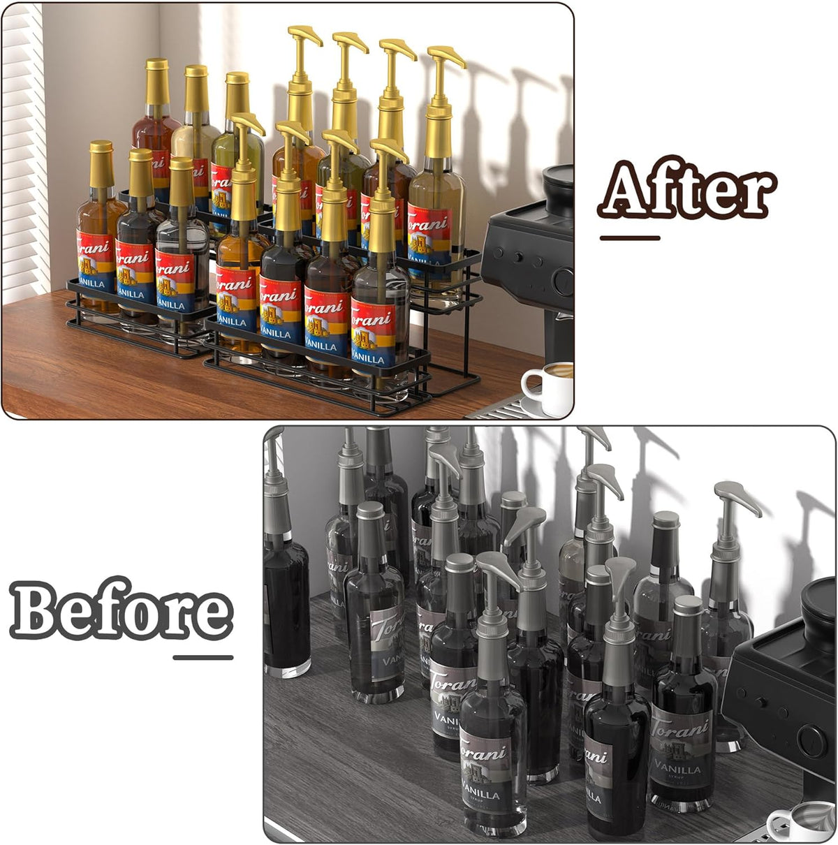 8 Bottle Coffee Syrup Organizer Rack, 2 Tier Coffee Syrup Stand Holder for Coffee Bar, Coffee Syrup Organizer for Countertop, Small Wine Rack for Family, Storage for Syrup, Dressing, Black
