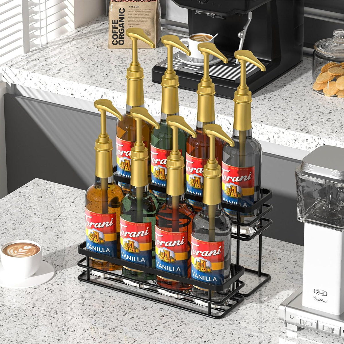 8 Bottle Coffee Syrup Organizer Rack, 2 Tier Coffee Syrup Stand Holder for Coffee Bar, Coffee Syrup Organizer for Countertop, Small Wine Rack for Family, Storage for Syrup, Dressing, Black