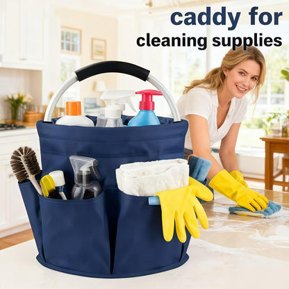 Cleaning Caddy for Cleaning Supplies Collapsible Cleaning Caddy with Handle | 17L Cleaning Caddy- Heavy Duty Oxford Cleaning Supplies Organizer - Multi-Pocket Foldable Storage Bucket (Navy Blue)