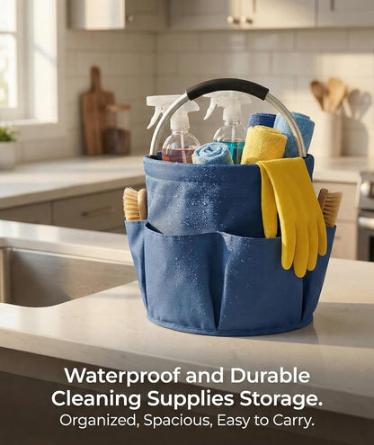 Cleaning Caddy for Cleaning Supplies Collapsible Cleaning Caddy with Handle | 17L Cleaning Caddy- Heavy Duty Oxford Cleaning Supplies Organizer - Multi-Pocket Foldable Storage Bucket (Navy Blue)