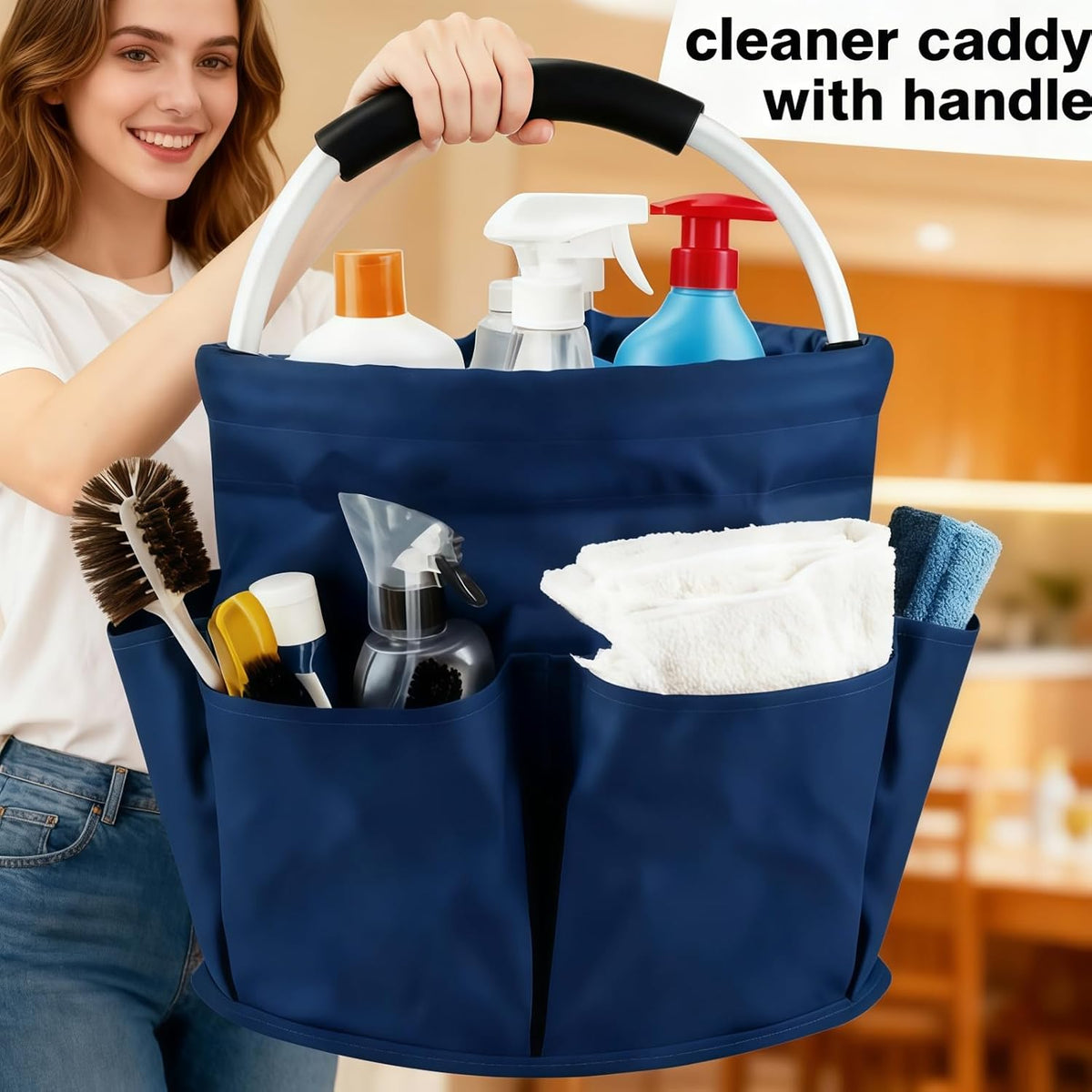 Cleaning Caddy for Cleaning Supplies Collapsible Cleaning Caddy with Handle | 17L Cleaning Caddy- Heavy Duty Oxford Cleaning Supplies Organizer - Multi-Pocket Foldable Storage Bucket (Navy Blue)