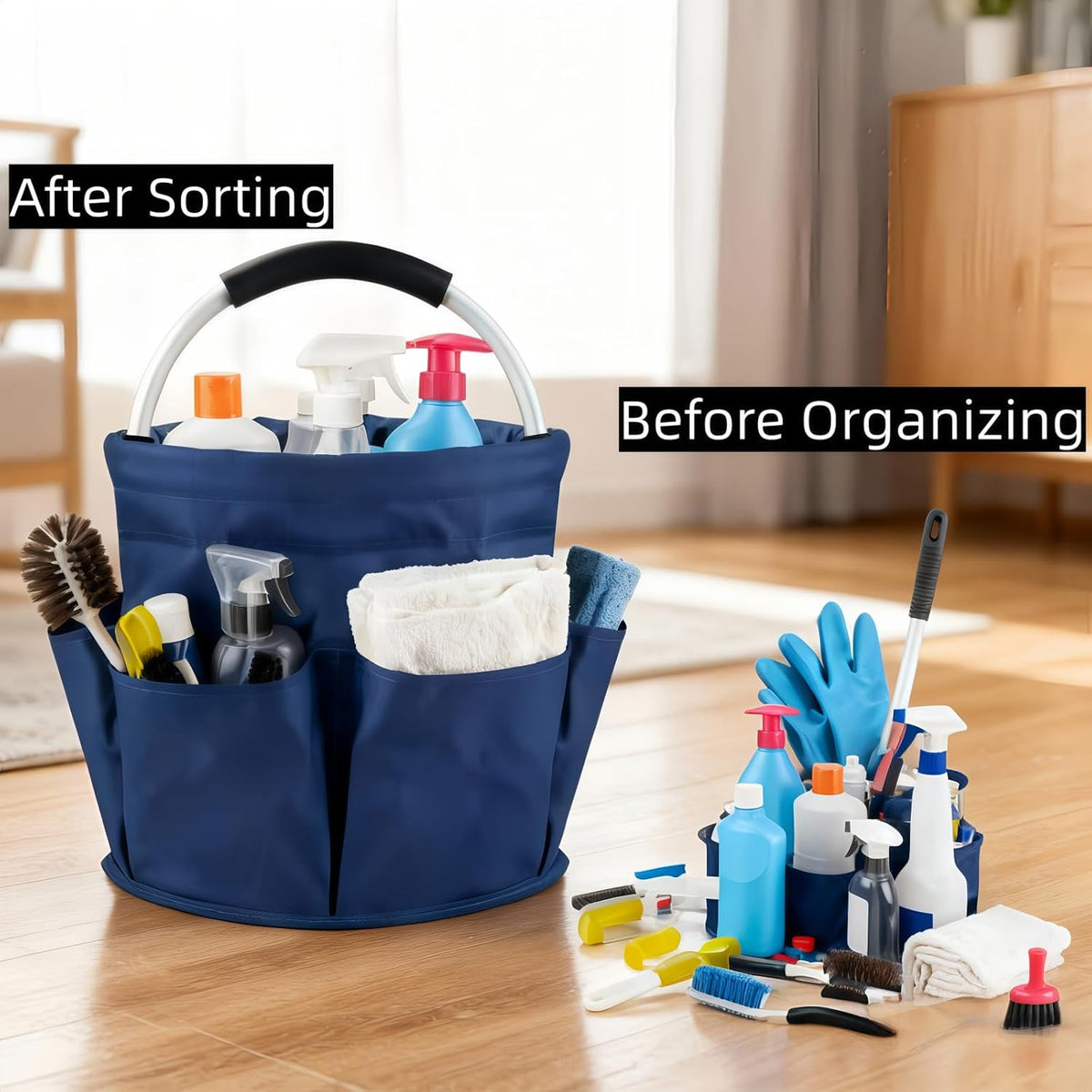 Cleaning Caddy for Cleaning Supplies Collapsible Cleaning Caddy with Handle | 17L Cleaning Caddy- Heavy Duty Oxford Cleaning Supplies Organizer - Multi-Pocket Foldable Storage Bucket (Navy Blue)
