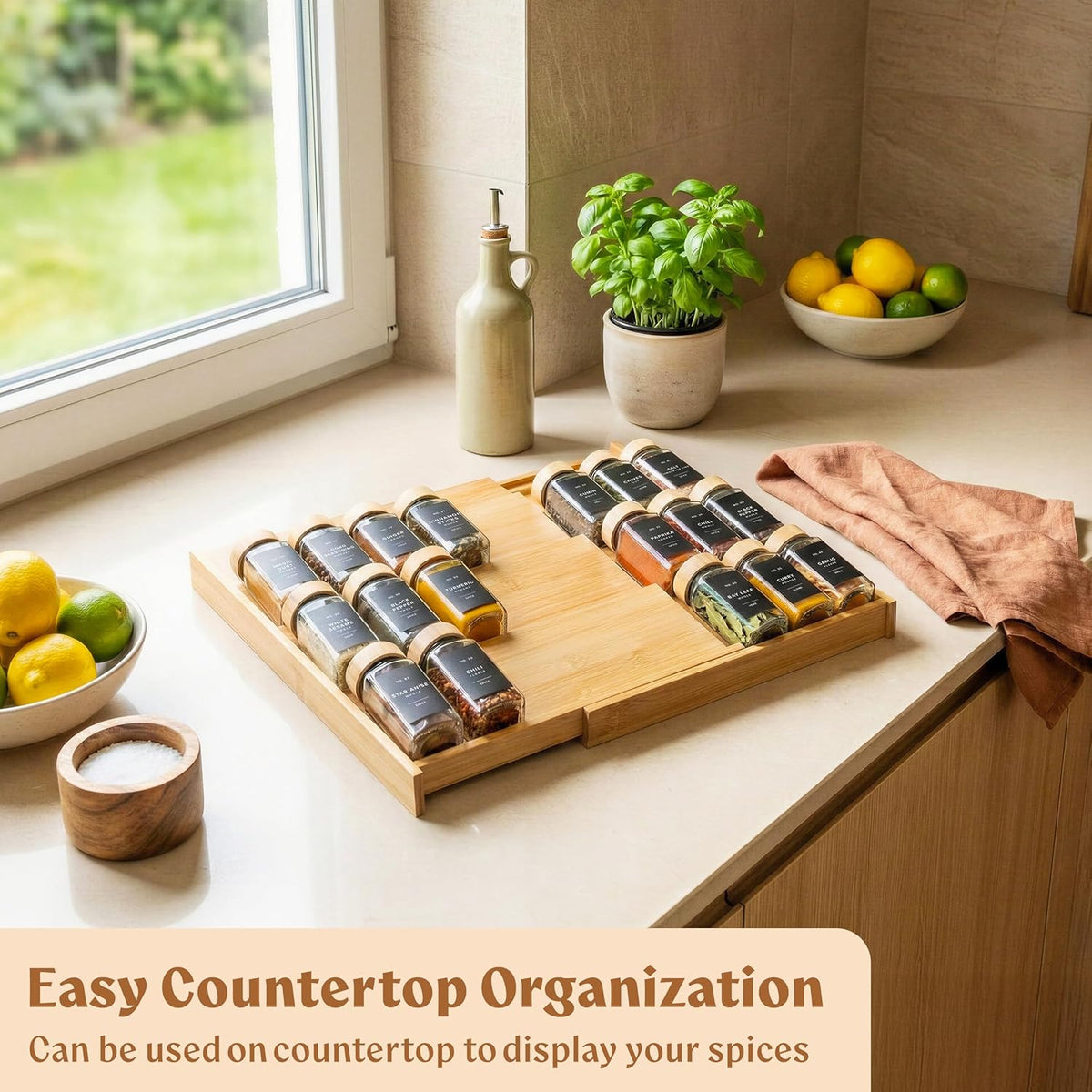 Bamboo Spice Drawer Organizer - Expandable 4 Tier Spice Rack (Need 3" Deep Drawer) 12" to 24" Wide, Seasoning Organizer, Organization Seasoning Rack insert (Jars Not Included)