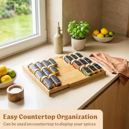 Bamboo Spice Drawer Organizer - Expandable 4 Tier Spice Rack (Need 3" Deep Drawer) 12" to 24" Wide, Seasoning Organizer, Organization Seasoning Rack insert (Jars Not Included)