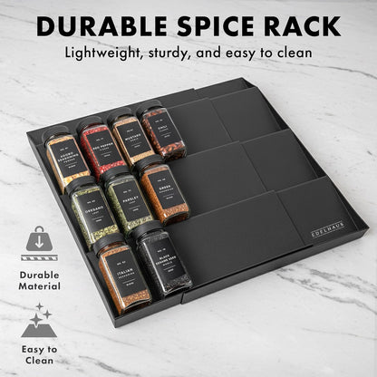 Bamboo Spice Drawer Organizer - Expandable 4 Tier Spice Rack (Need 3" Deep Drawer) 12" to 24" Wide, Seasoning Organizer, Organization Seasoning Rack insert (Jars Not Included)