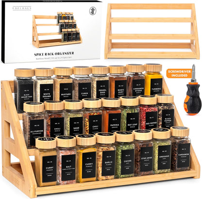 Bamboo Spice Drawer Organizer - Expandable 4 Tier Spice Rack (Need 3" Deep Drawer) 12" to 24" Wide, Seasoning Organizer, Organization Seasoning Rack insert (Jars Not Included)