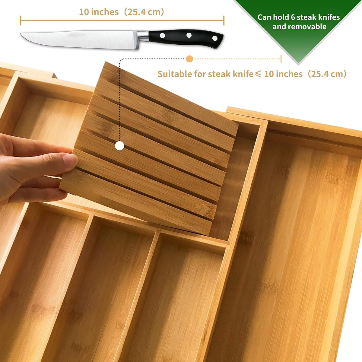 VaeFae Bamboo Silverware Drawer Organizer, 7 Slots, Natural