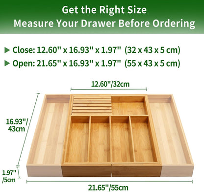 VaeFae Bamboo Silverware Drawer Organizer, 7 Slots, Natural