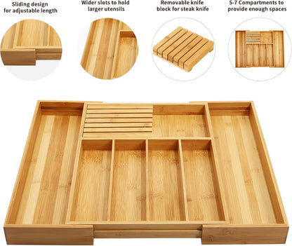 VaeFae Bamboo Silverware Drawer Organizer, 7 Slots, Natural