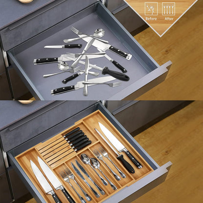 VaeFae Bamboo Silverware Drawer Organizer, 7 Slots, Natural