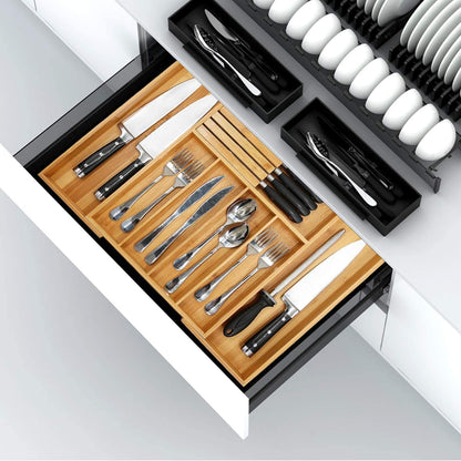 VaeFae Bamboo Silverware Drawer Organizer, 7 Slots, Natural