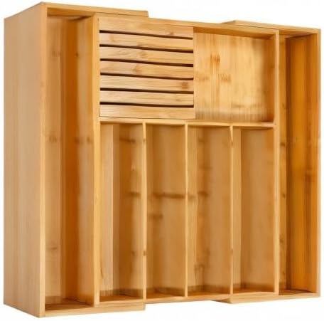 VaeFae Bamboo Silverware Drawer Organizer, 7 Slots, Natural