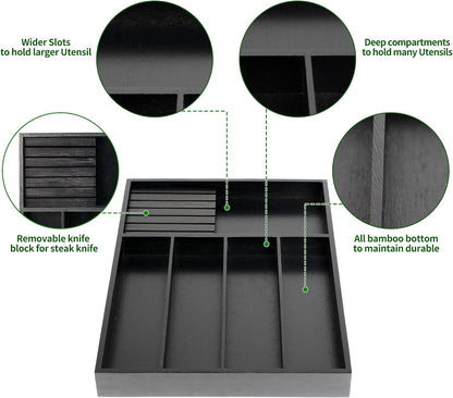 VaeFae Bamboo Silverware Drawer Organizer, 7 Slots, Natural
