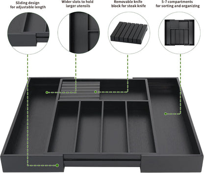 VaeFae Bamboo Silverware Drawer Organizer, 7 Slots, Natural
