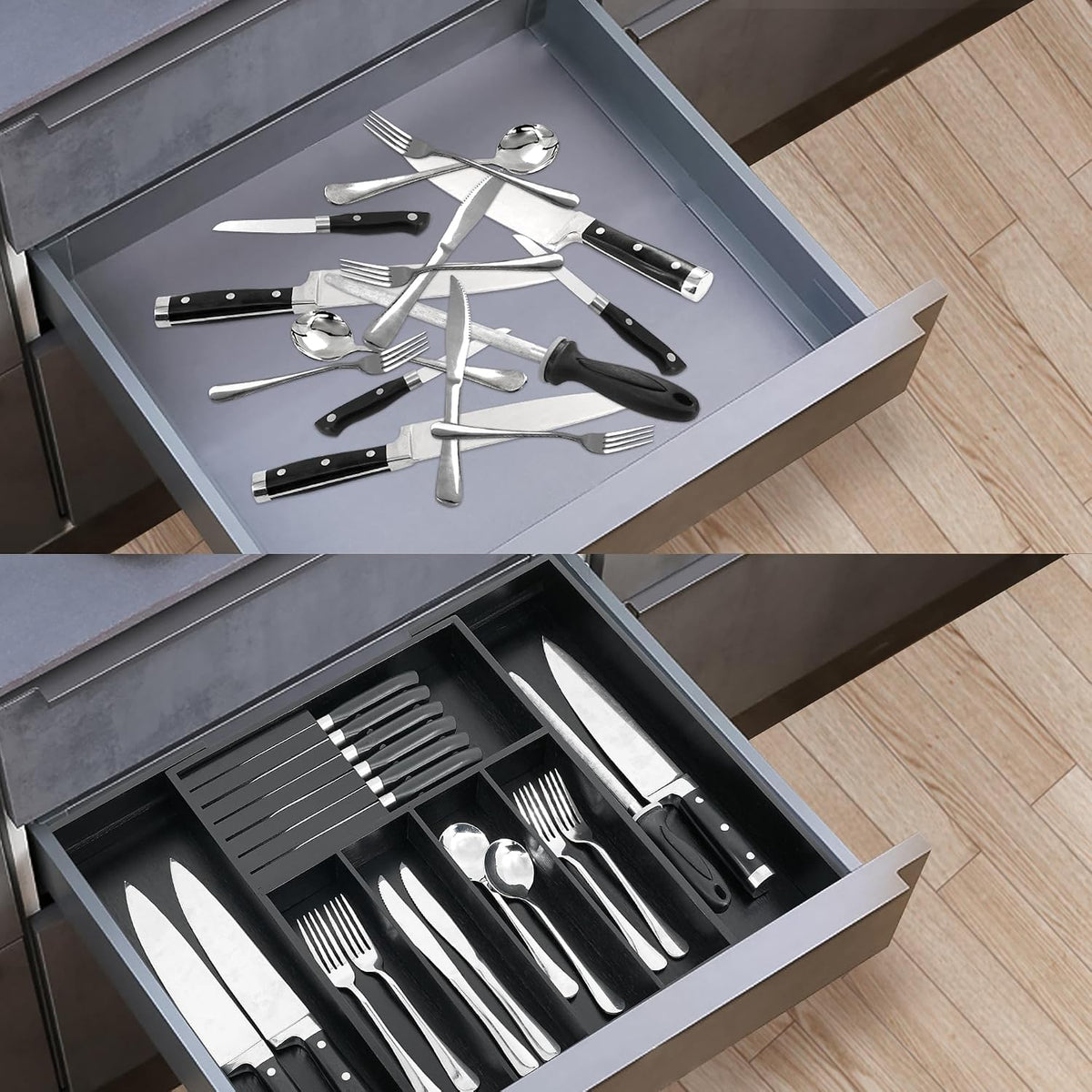 VaeFae Bamboo Silverware Drawer Organizer, 7 Slots, Natural