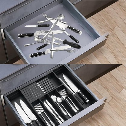 VaeFae Bamboo Silverware Drawer Organizer, 7 Slots, Natural