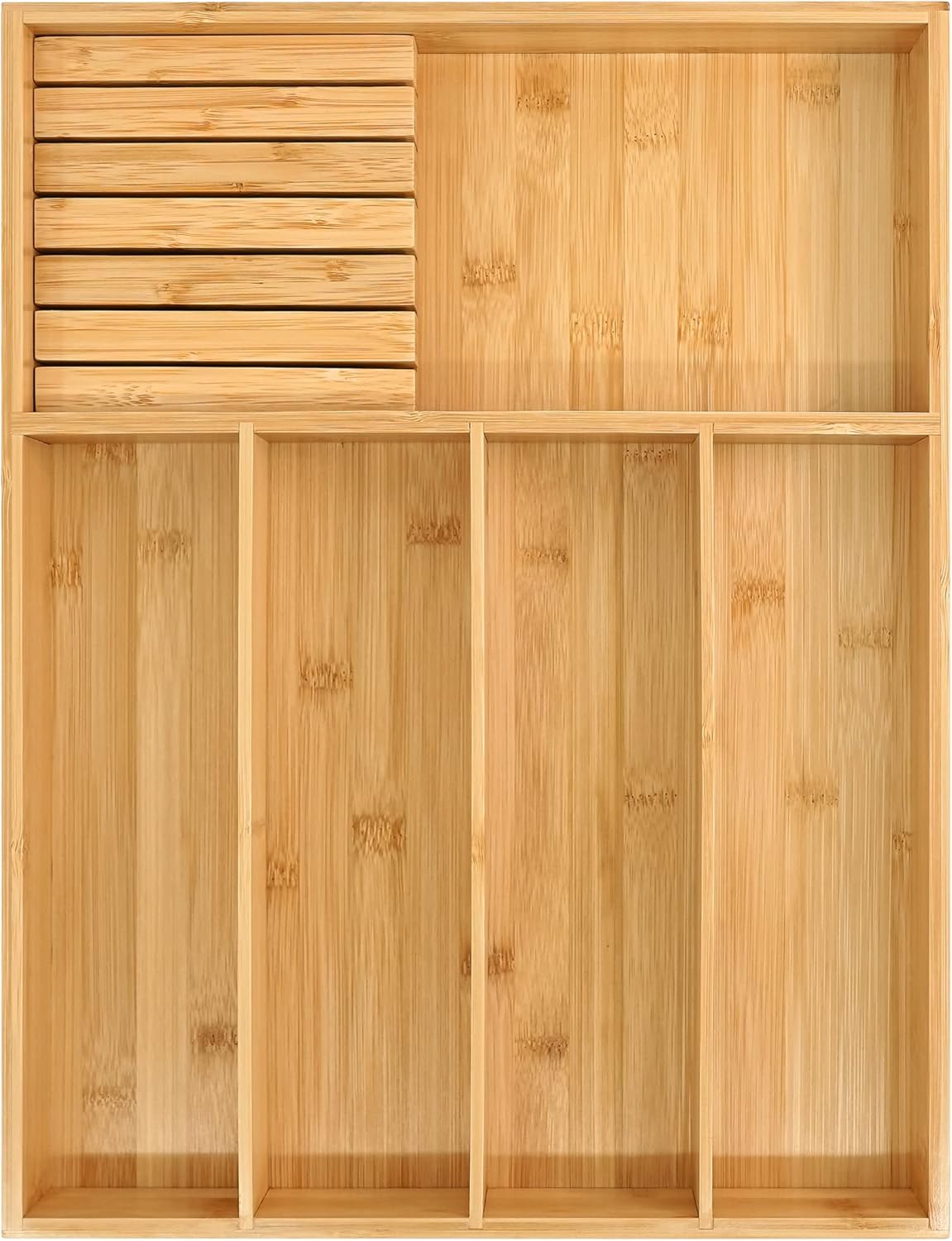 VaeFae Bamboo Silverware Drawer Organizer, 7 Slots, Natural