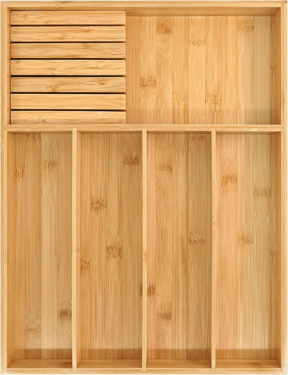 VaeFae Bamboo Silverware Drawer Organizer, 7 Slots, Natural