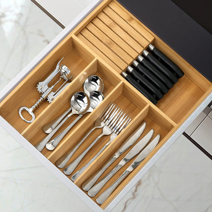 VaeFae Bamboo Silverware Drawer Organizer, 7 Slots, Natural