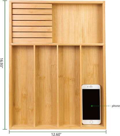 VaeFae Bamboo Silverware Drawer Organizer, 7 Slots, Natural