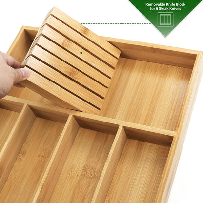VaeFae Bamboo Silverware Drawer Organizer, 7 Slots, Natural